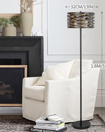 Industrial Floor Lamp for Living Room Black Standing Lamp Farmhouse Stand Up Lamp with Pull Chain Switch Tall Lamp for Bedroom Home Decor Vintage Rustic Unique Pole Lamps, Dual E12 Bulbs Included - LeafyLoom