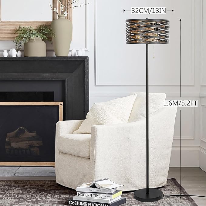 Industrial Floor Lamp for Living Room Black Standing Lamp Farmhouse Stand Up Lamp with Pull Chain Switch Tall Lamp for Bedroom Home Decor Vintage Rustic Unique Pole Lamps, Dual E12 Bulbs Included - LeafyLoom