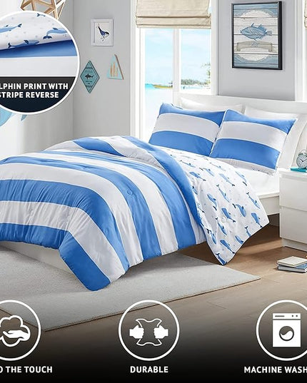 Mizone Kids Blake Reversible Dolphin Comforter Set - Adventure Animal Adorable Print with Stripe Reverse, Fun Bedroom Décor, Modern All Season Kids Bedding, Matching Sham, Full/Queen, Blue 3 Piece - LeafyLoom