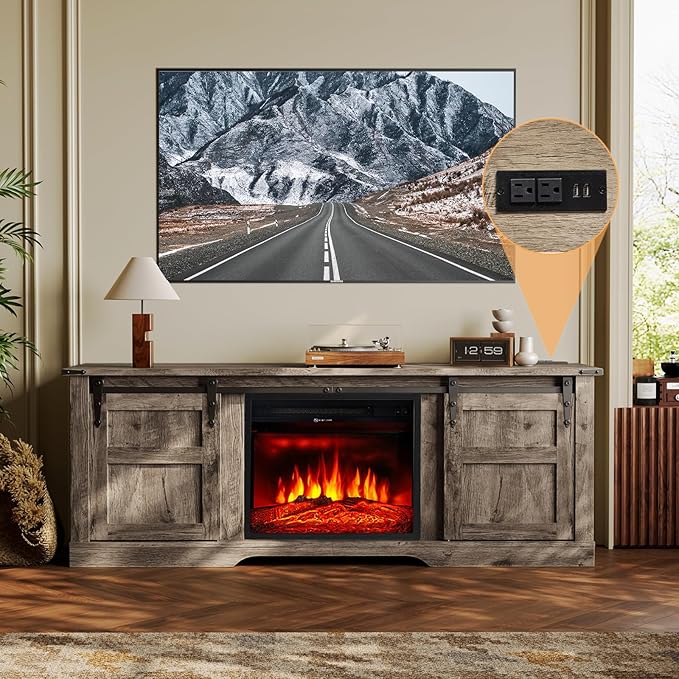 oneinmil Fireplace TV Stand with 18” Electric Fireplace, 58” TV Console Stand for TVs Up to 65", Entertainment Center, Fireplace for The Living Room TV Stand, Grey - LeafyLoom