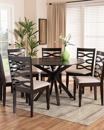 Baxton Studio Mila Modern and Contemporary Sand Fabric Upholstered Dark Brown Finished Wood 7-Piece Dining Set - LeafyLoom