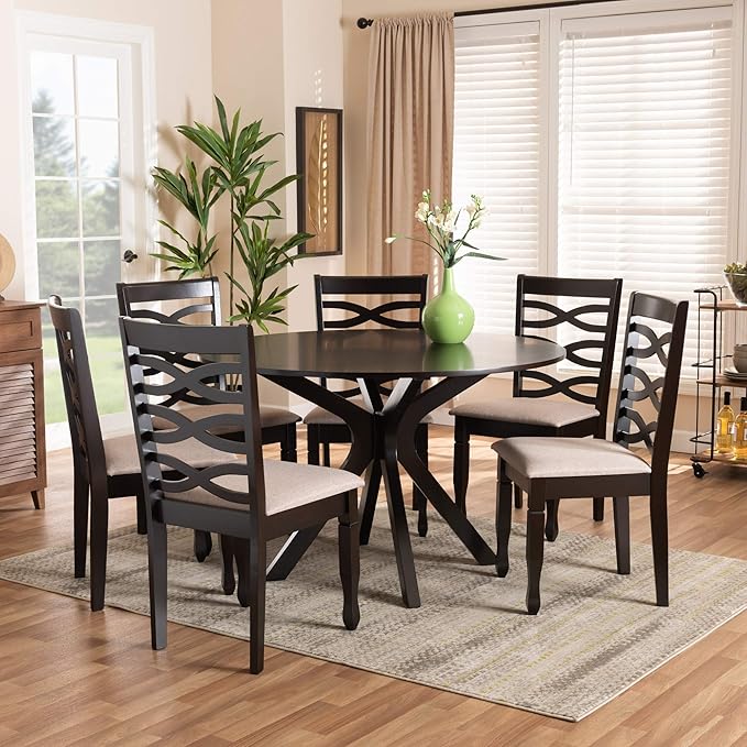 Baxton Studio Mila Modern and Contemporary Sand Fabric Upholstered Dark Brown Finished Wood 7-Piece Dining Set - LeafyLoom