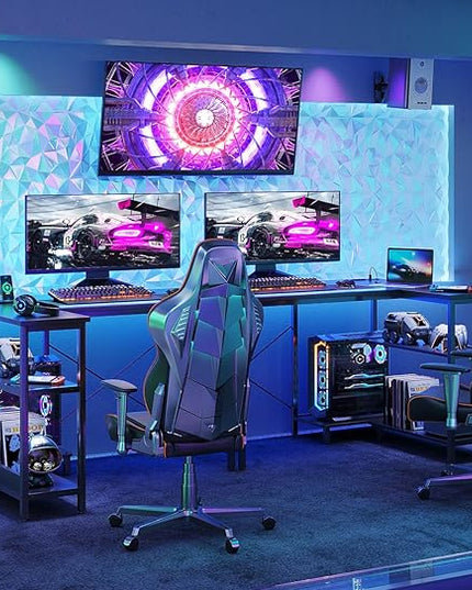 ODK 40 Inch Small L Shaped Gaming Computer Desk with Power Outlets,Corner Desk with Reversible Storage Shelves & PC Stand for Small Space, Modern Simple Home Office Table, Carbon Fiber Surface, Black - LeafyLoom