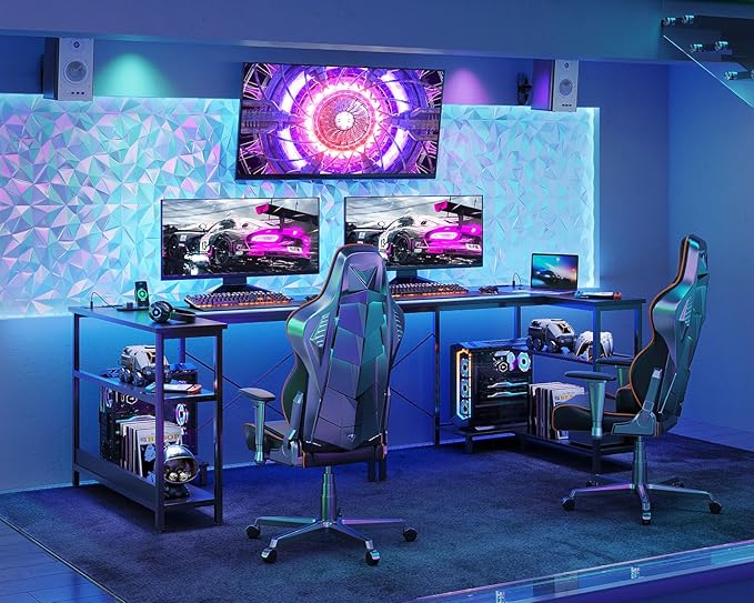 ODK 40 Inch Small L Shaped Gaming Computer Desk with Power Outlets,Corner Desk with Reversible Storage Shelves & PC Stand for Small Space, Modern Simple Home Office Table, Carbon Fiber Surface, Black - LeafyLoom