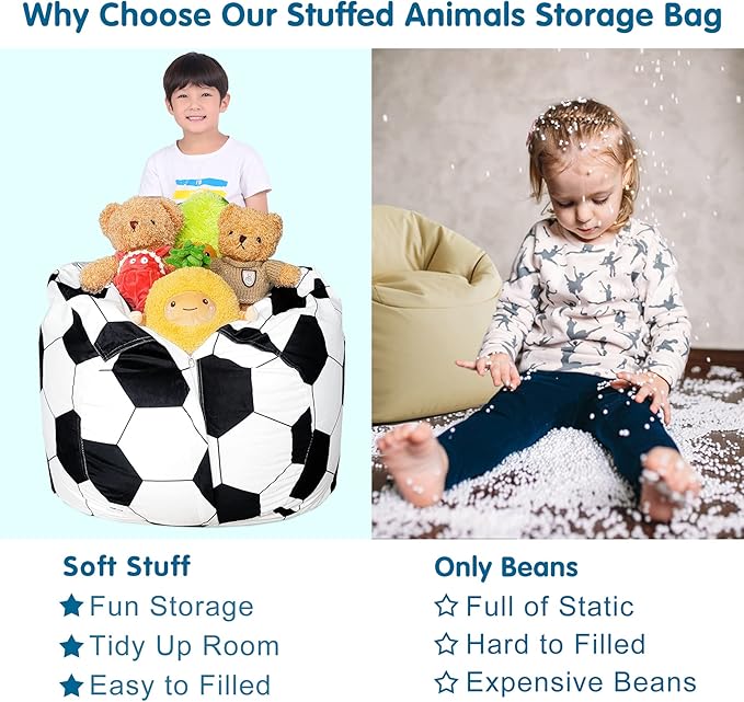 Lukeight Stuffed Animal Storage Bean Bag Chair Cover for Kids, Soccer Zipper Beanbag Chair Cover for Organizing Toddler & Kids' Rooms Plush Toys (Soccer Velvet, XX-Large) - LeafyLoom