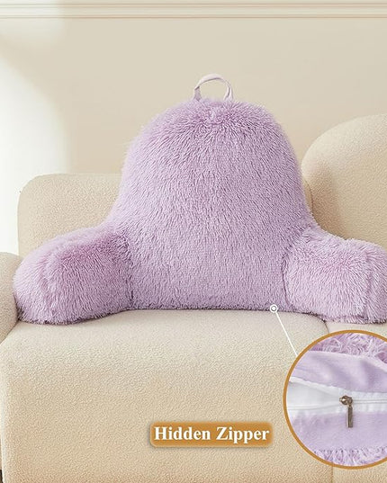 XeGe Fluffy Back Support Pillow Cover for Bed (No Filler), Light Purple Faux Fur Backrest Pillow Case, Lilac Furry Reading Pillow Cover with Arms for Adults Kids, Fuzzy Sit Up Study Pillow, Lavender - LeafyLoom