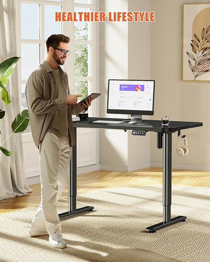 Electric Standing Desk Adjustable Height Stand Up Desk, 48" x 24" Sit Stand Desk, Low Noise Home Office Desk, Computer Desk with Splice Board, Child Lock & Memory Function, Black - LeafyLoom