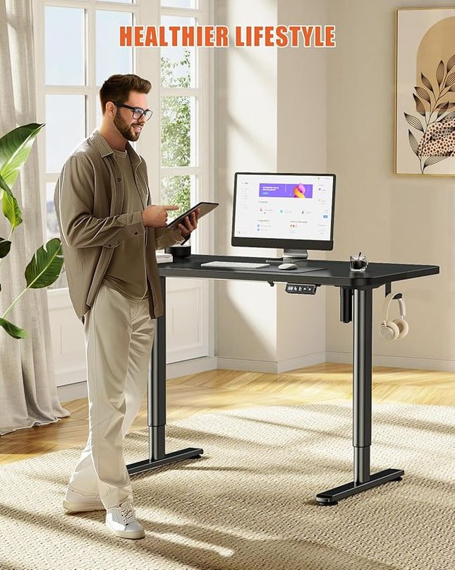 Electric Standing Desk Adjustable Height Stand Up Desk, 48" x 24" Sit Stand Desk, Low Noise Home Office Desk, Computer Desk with Splice Board, Child Lock & Memory Function, Black - LeafyLoom