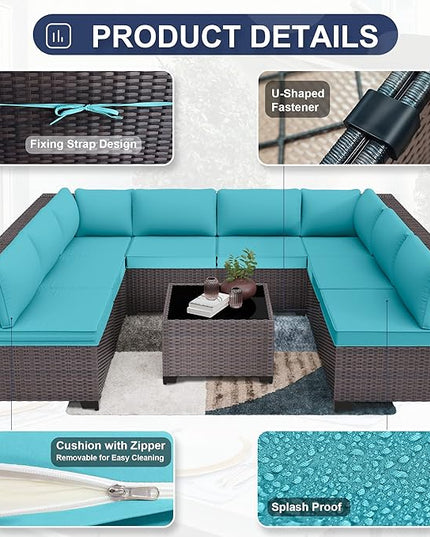 Patio Furniture Set 9-Pieces Outdoor Furniture for Backyard Wicker Sectional Sofa Set, Rattan Patio Conversation Set with Thickened Cushions and Glass Coffee Table, Turquoise - LeafyLoom