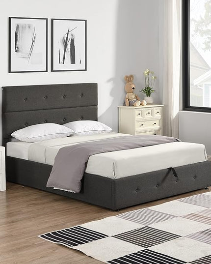 Upholstered Full Size Bed Gas Lift Up Storage Platform Bed Frame with Tufted Headboard Wooden Slat Support & Under Bed Storage, No Box Spring Needed - LeafyLoom
