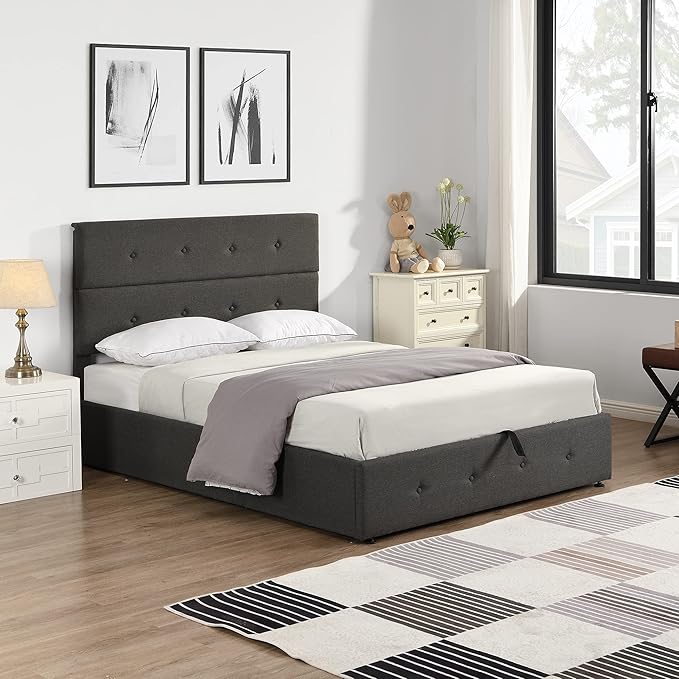 Full Size Upholstered Platform Bed with Underneath Storage, Modern Linen Platform Bedframe with Headboard and Wooden Slat Support,for Kids Adults Living Room Guest Room,Bedroom - LeafyLoom