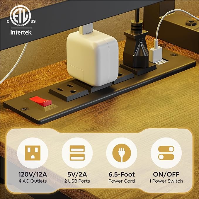 Bestier 71.5 inch Computer Desk with Power Outlets, LED Large Home Office Desk with Monitor Stand, L Shaped Corner Desk with Printer Stand Adjustable Shelf, Cup Holder & Headset Hooks, Brown - LeafyLoom