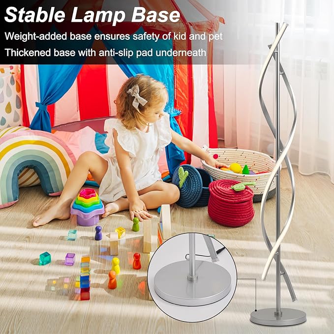 LED Floor Lamps for Living Room, Silver Modern Floor Lamp for Bedroom 60 Inch Spiral Floor Lamp 34W Dimmable 3 Color Temperature Standing Lamp with Timer Corner Floor Lamps for Living Room Clearance - LeafyLoom