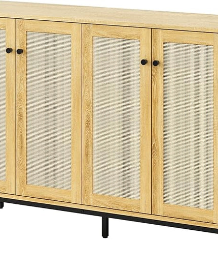 Storage Cabinet, Large Capacity Four-Door Rattan Sideboard with Adjustable Partitions, Metal Cabinet Legs, Modern Elegant Design Accent Cabinet Suitable for Home Office Bar Cafe (Natural Wood) - LeafyLoom