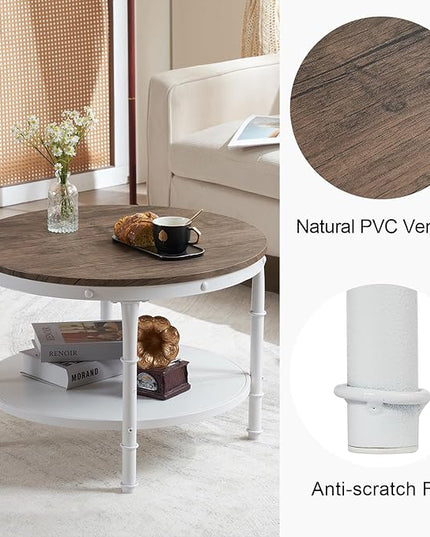 VINGLI 25.6" Dark Walnut White Round Farmhouse Coffee Table, 2-Tier Storage Wood Center Circle Accent Table for Living Room, Bedroom, Apartment, Studio and Small Spaces, Sturdy Metal Frame - LeafyLoom