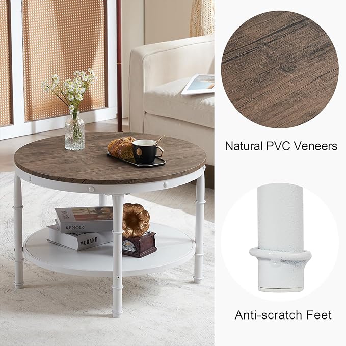 VINGLI 25.6" Dark Walnut White Round Farmhouse Coffee Table, 2-Tier Storage Wood Center Circle Accent Table for Living Room, Bedroom, Apartment, Studio and Small Spaces, Sturdy Metal Frame - LeafyLoom