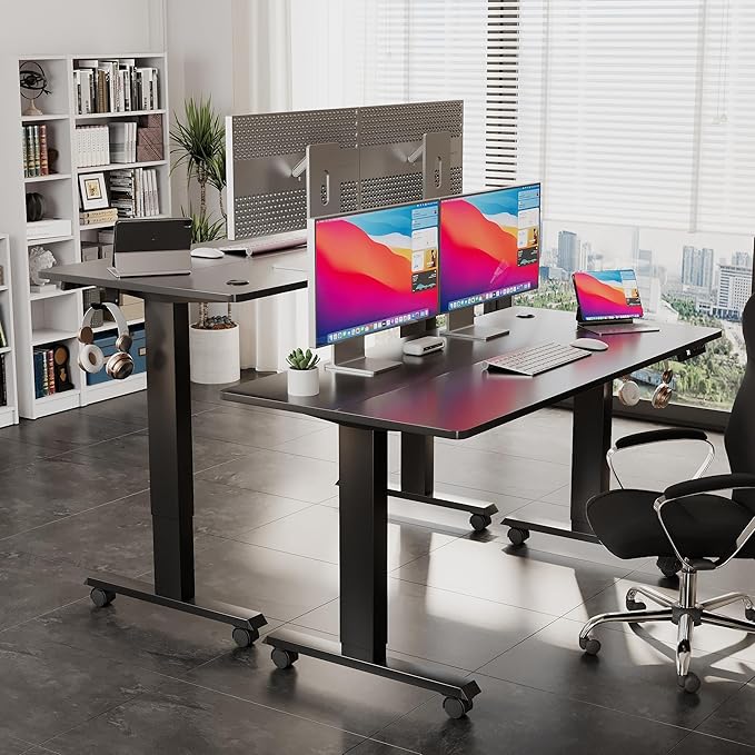 Electric Standing Desk 55 Inch, Ergonomic Height Adjustable Table with T-Shaped Metal Bracket Modern Computer Workstations for Home Office, Black - LeafyLoom