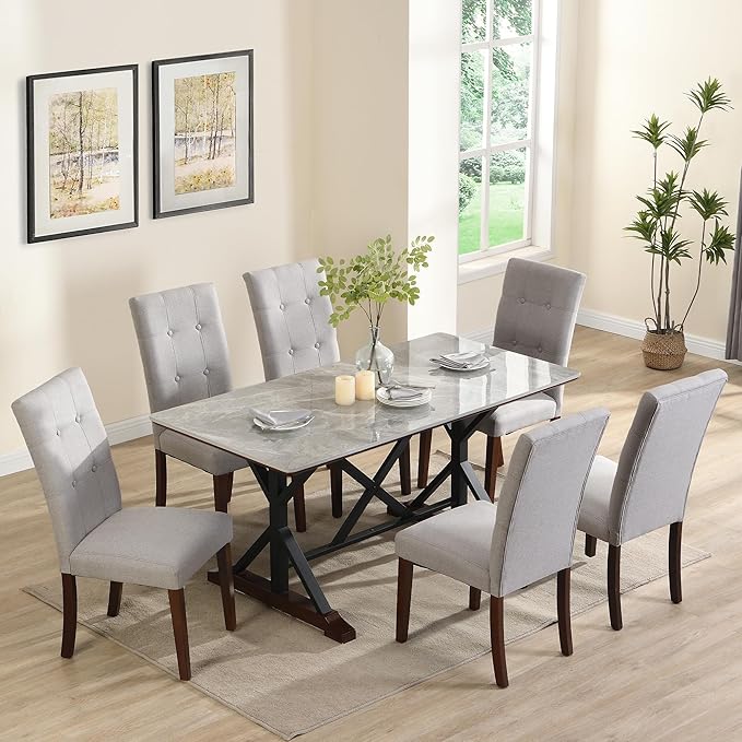 NicBex Dining Room Table Set for 6 Kitchen Table and Chairs Sintered Stone Dining Table with 6 Tufted Upholstered Chairs, 63-inch Rectangle Dining Table for Dining Room, Gray - LeafyLoom