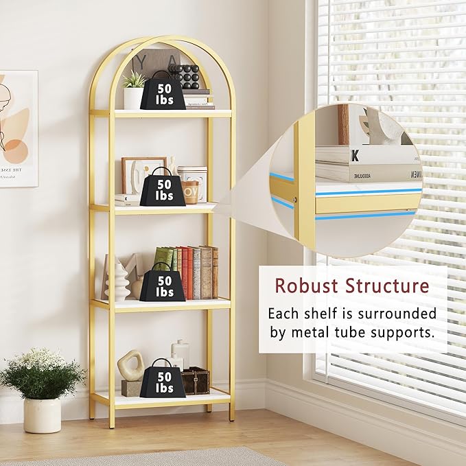 Yusong Bookshelf 4 Tier Arched Bookcase, 71.3" Tall Industrial Open Book Shelves for Living Room, Modern Freestanding Display Shelving Storage Rack Metal Frame, Office, Bedroom,Gold White - LeafyLoom