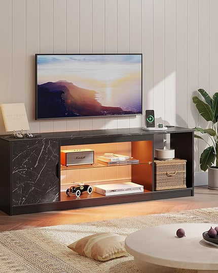 Bestier LED TV Stand with Power Outlets for 55/60/65 Inch TV, Gaming Entertainment Center with Cabinet for PS5, Modern TV Cabinet with Adjustable Glass Shelves for Living Room 58 Inch,Black Marble - LeafyLoom