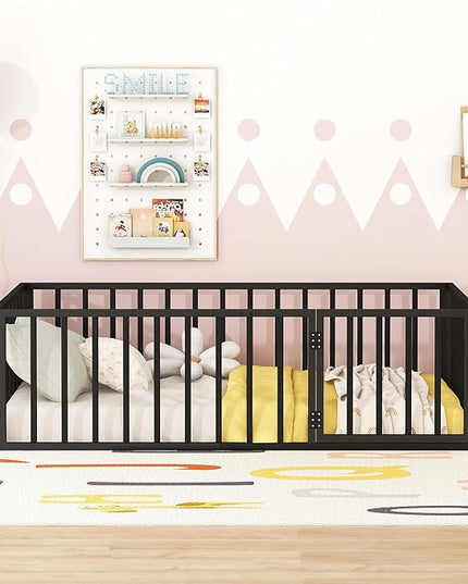 RITSU Twin Size Metal Floor Fence Bed, Montessori Bedframe, with Safety Guardrail and Door, for Children Bedroom, Boys Girls, Apartment, Strong & Durable, Easy to Assemble, Black - LeafyLoom