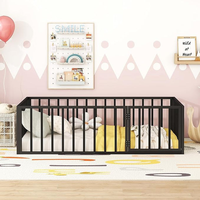 RITSU Twin Size Metal Floor Fence Bed, Montessori Bedframe, with Safety Guardrail and Door, for Children Bedroom, Boys Girls, Apartment, Strong & Durable, Easy to Assemble, Black - LeafyLoom