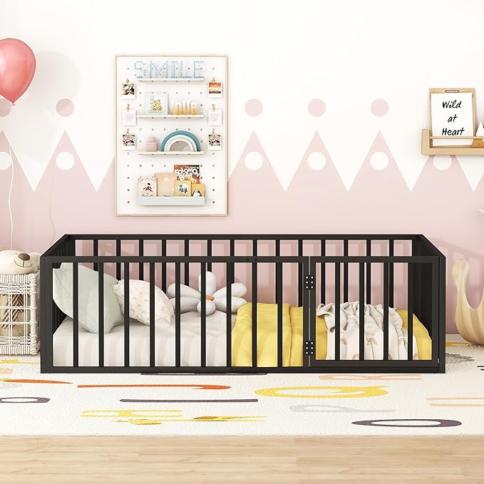 RITSU Twin Size Metal Floor Fence Bed, Montessori Bedframe, with Safety Guardrail and Door, for Children Bedroom, Boys Girls, Apartment, Strong & Durable, Easy to Assemble, Black - LeafyLoom