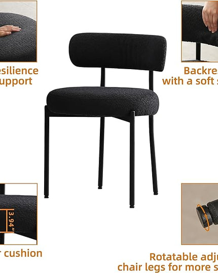 DYHOME Black Dining Chairs Set of 4, Mid-Century Modern Dining Chairs, Kitchen Dining Room Chairs, Curved Backrest Round Upholstered Boucle Sherpa Dining Chair with Black Metal Legs - LeafyLoom