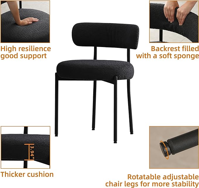 DYHOME Black Dining Chairs Set of 4, Mid-Century Modern Dining Chairs, Kitchen Dining Room Chairs, Curved Backrest Round Upholstered Boucle Sherpa Dining Chair with Black Metal Legs - LeafyLoom