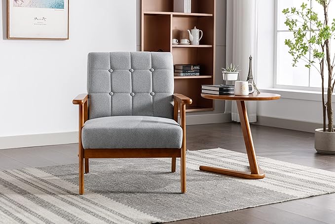 Mid-Century Accent, Modern Single Armchair, Upholstered Leisure Lounge Chair wth Solid Wood Armrest and Feet for Living Room, Bedroom, Office, Gray - LeafyLoom