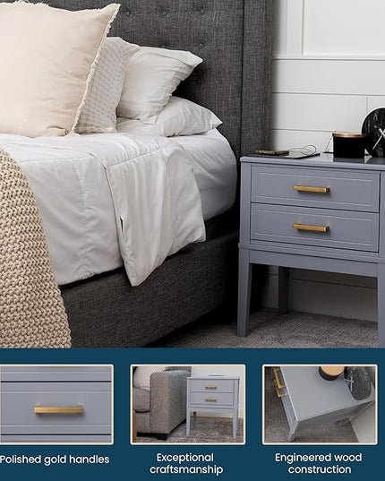 2 Drawer Side Table with Charging Station - Mid Century Modern with Polished Gold Handles, 2 USB Ports & 2 Outlets - Multifunctional Smart Bedside Table Nightstand for Your Home - 24" Tall (Gray) - LeafyLoom