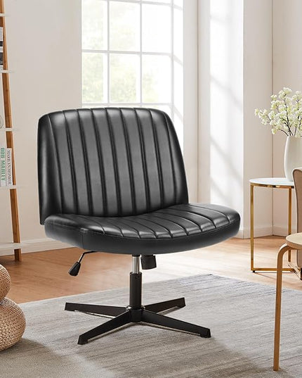 Sweetcrispy Criss Cross Chair Legged, Armless Office Desk Chair No Wheels, Swivel Vanity Chair, Height Adjustable Wide Seat Computer Task Chair, PU Leather Vanity Modern Home Chair Black - LeafyLoom