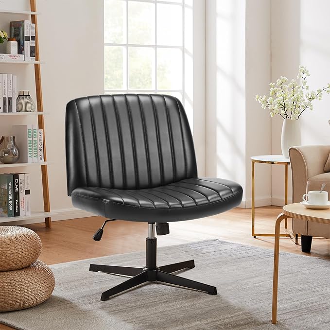 Sweetcrispy Criss Cross Chair Legged, Armless Office Desk Chair No Wheels, Swivel Vanity Chair, Height Adjustable Wide Seat Computer Task Chair, PU Leather Vanity Modern Home Chair Black - LeafyLoom