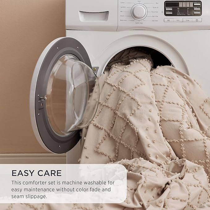 Bedsure Queen Comforter Set - Warm Tan Boho Tufted Shabby Chic Bedding Comforter Set, 3 Pieces Vintage Farmhouse Bed Set for All Seasons, Fluffy Soft Bedding Set with 2 Pillow Shams - LeafyLoom