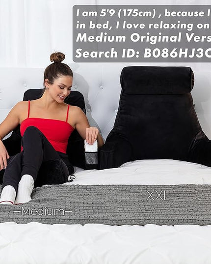 Husband Pillow XXL Black Backrest with Arms - Adult Reading Pillow with Shredded Memory Foam, Ultra-Comfy Removable Microplush Cover & Detachable Neck Roll - Unmatched Support Bed Rest Sit Up Pillow - LeafyLoom