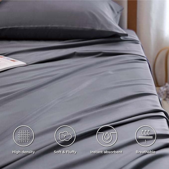 Bedsure Twin XL Sheet Set Dorm Bedding, Cooling Sheets Twin Extra Long Sheets, Rayon Derived from Bamboo, Deep Pocket Up to 16", Hotel Luxury Silky Bedding Sheets & Pillowcases, Dark Grey - LeafyLoom
