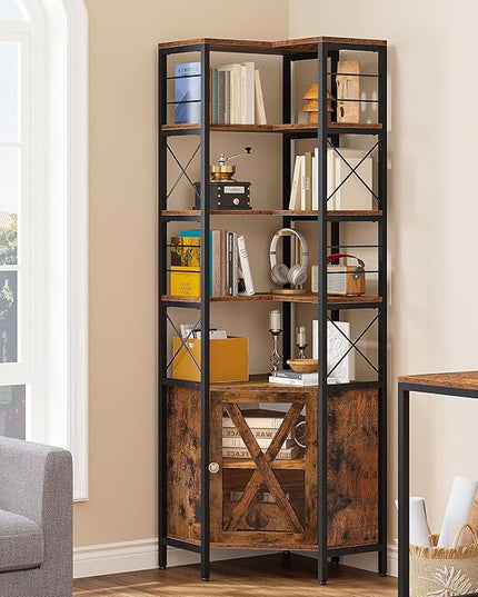 YITAHOME Corner Bookshelf with Storage, 7-Tier Corner Shelf with Doors, Large Corner Bookcase Display Rack for Living Room Bedroom Home Office, Rustic Brown - LeafyLoom