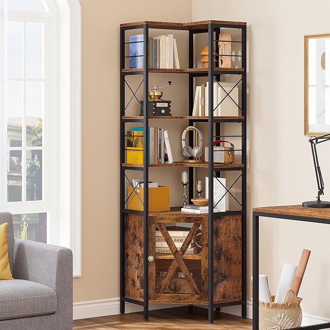 YITAHOME Corner Bookshelf with Storage, 7-Tier Corner Shelf with Doors, Large Corner Bookcase Display Rack for Living Room Bedroom Home Office, Rustic Brown - LeafyLoom