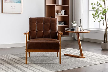 Mid-Century Accent, Modern Single Armchair, Upholstered Leisure Lounge Chair wth Solid Wood Armrest and Feet for Living Room, Bedroom, Office, Brown - LeafyLoom