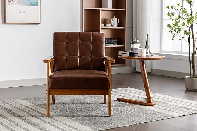 Mid-Century Accent, Modern Single Armchair, Upholstered Leisure Lounge Chair wth Solid Wood Armrest and Feet for Living Room, Bedroom, Office, Brown - LeafyLoom