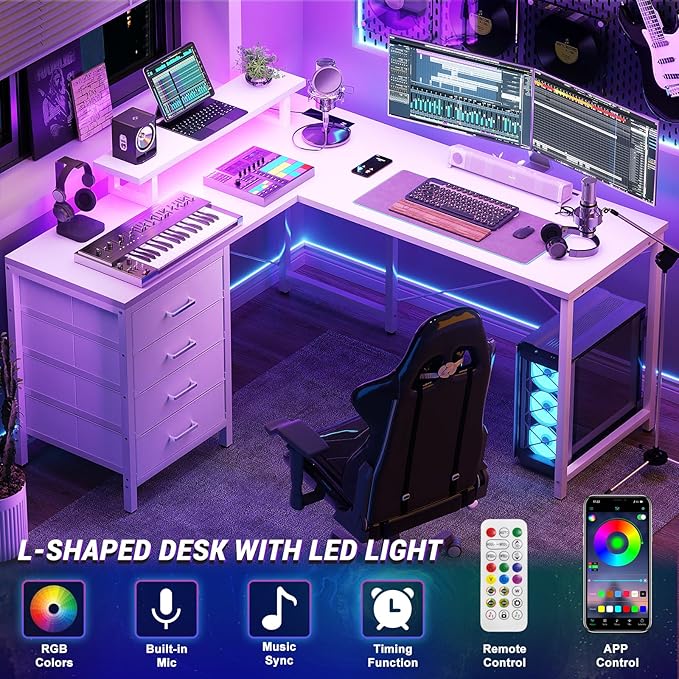 Homieasy L Shaped Desk with Drawers & Power Outlets, Reversible Computer Desk with LED Light and Monitor Stand, 50 Inch Home Office Gaming Work Study Desk with 4 Storage Drawers, White - LeafyLoom