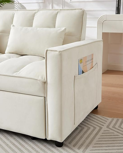 3 in 1 Convertible Loveseat Sleeper Sofa Bed,Modern Velvet Tufted Upholstered Love Seats Sofabed W/Pull Out Sleep Couch and 2 Pillows for Living Room, 55.21", Beige-1123 - LeafyLoom