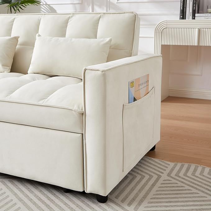 3 in 1 Convertible Loveseat Sleeper Sofa Bed,Modern Velvet Tufted Upholstered Love Seats Sofabed W/Pull Out Sleep Couch and 2 Pillows for Living Room, 55.21", Beige-1123 - LeafyLoom
