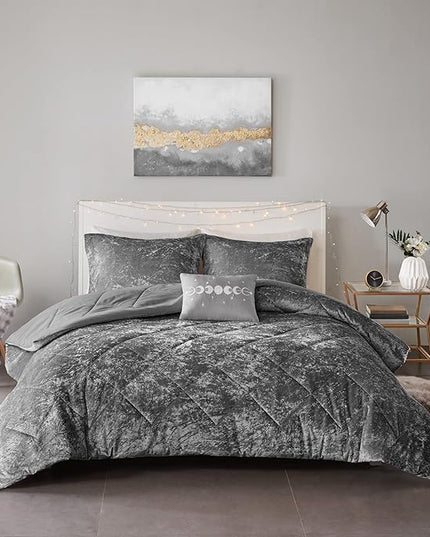 Intelligent Design Queen Comforter Set, Velvet Comforter Set , Luxury Diamond Quilting Comforter Set, Fluffy Comforter Bed Set with Decorative Pillowand 2 Shams, 4 Piece Grey, Full/Queen - LeafyLoom