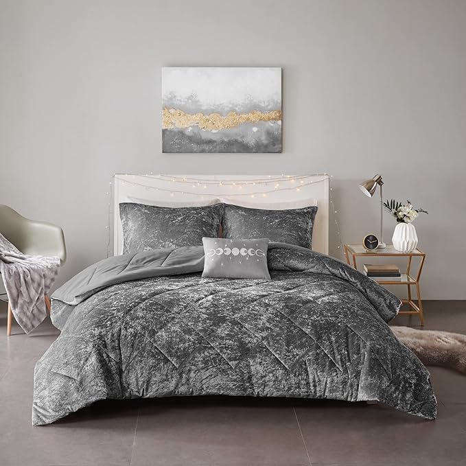 Intelligent Design Queen Comforter Set, Velvet Comforter Set , Luxury Diamond Quilting Comforter Set, Fluffy Comforter Bed Set with Decorative Pillowand 2 Shams, 4 Piece Grey, Full/Queen - LeafyLoom