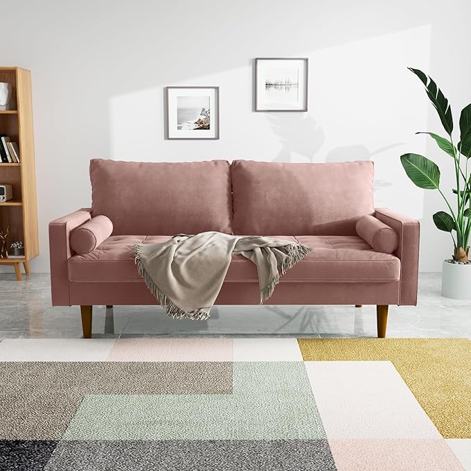 Velvet Furniture for Small Spaces, Mid-Century Modern Loveseats for Living Room, Love Seat Couch Sofas, 70 Inches, Rose - LeafyLoom