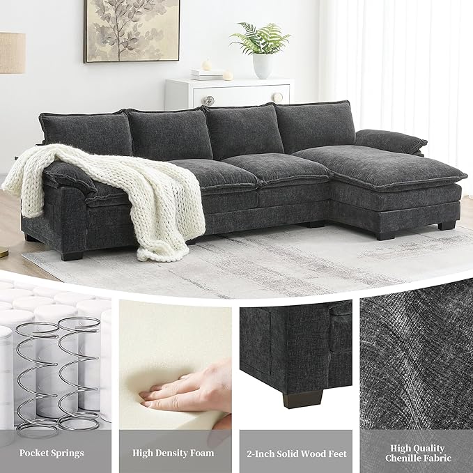 118" Sectional Sofa, L-Shaped Couch Set with Double Cushions and Chaise Lounge, 5-seat Upholstered Indoor Furniture for Living Room, Apartment, Office, 118inch, Gray - LeafyLoom