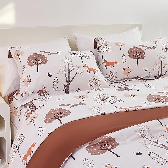 Kids Woodland Comforter Set for Boys Girls Twin Size, Cute Reversible Quilted Forest Animal Print Fall Bedding with Pillow Sham, Lightweight Soft Breathable Machine Camping Themed Bed Set 2 Piece - LeafyLoom