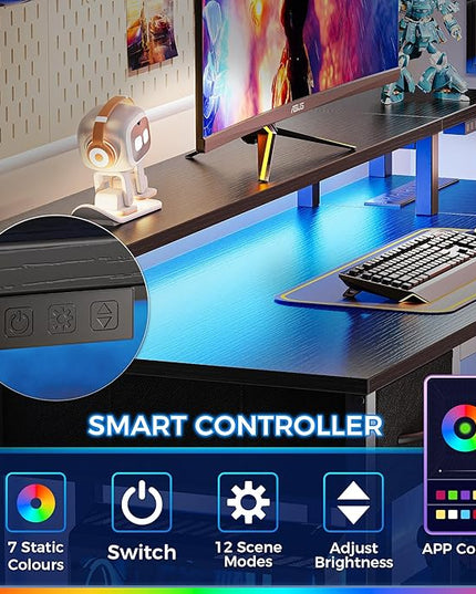 SUPERJARE 47 inch Reversible L Shaped Desk with LED Lights & Power Outlets, Computer Desk with Shelves & Monitor Stand, Gaming Desk with Drawer, Home Office Desk Corner Desk, Black - LeafyLoom