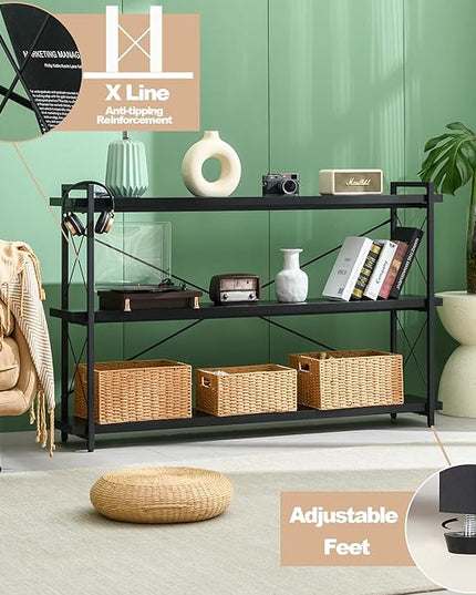 HCHQHS Bookshelf, 3-Tier Long Industrial Bookcase, Black Open Book Shelf, Freestanding Horizontal Bookshelves with Metal Frame - LeafyLoom